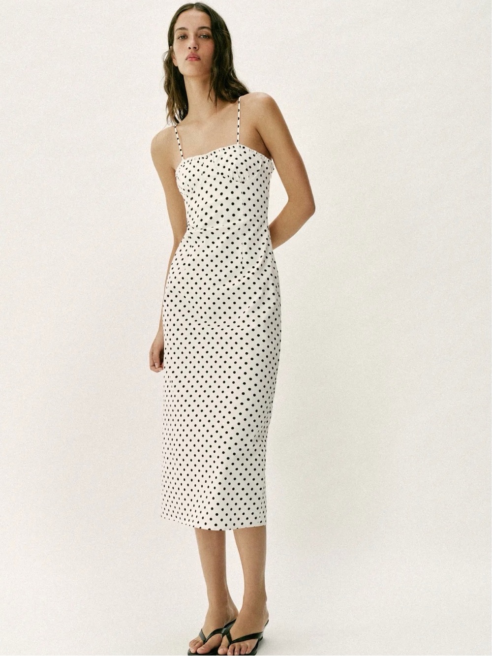R Zara White and Black Polka Dot Spaghetti-Strap Midi Dress